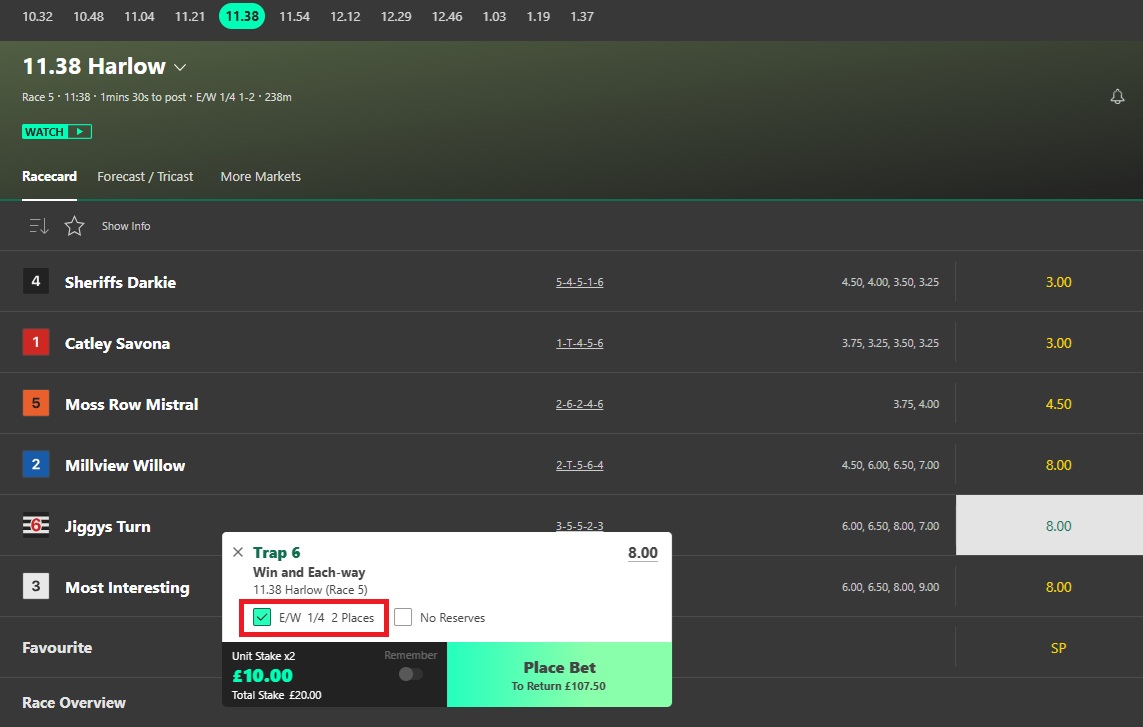 bet365 11.38 harlow greyhound market with trap 6 selected and a £10 stake entered & the each way option ticked.